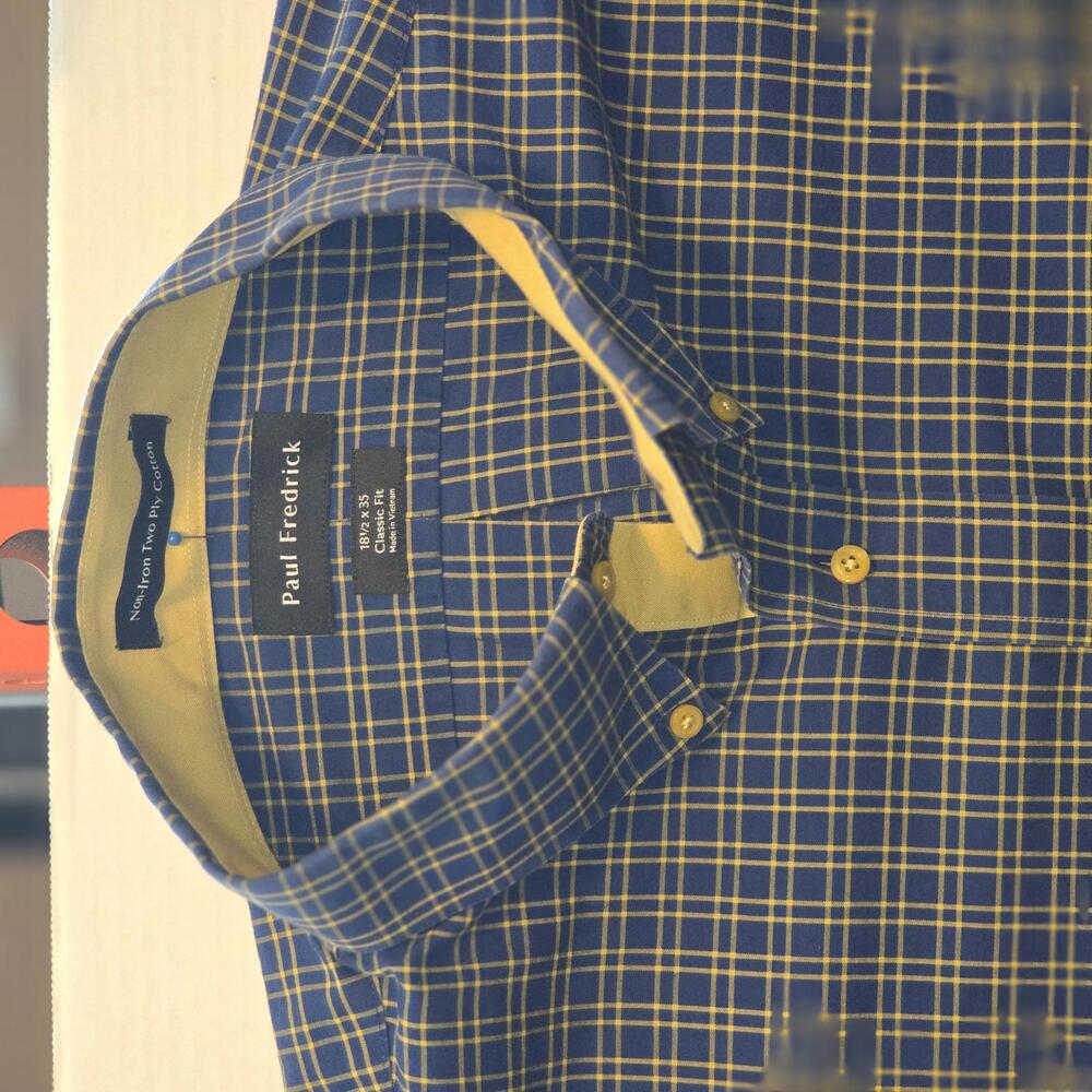 Paul Fredrick Classic Fit Button-Down Shirt Blue and Yellow Plaid XXL